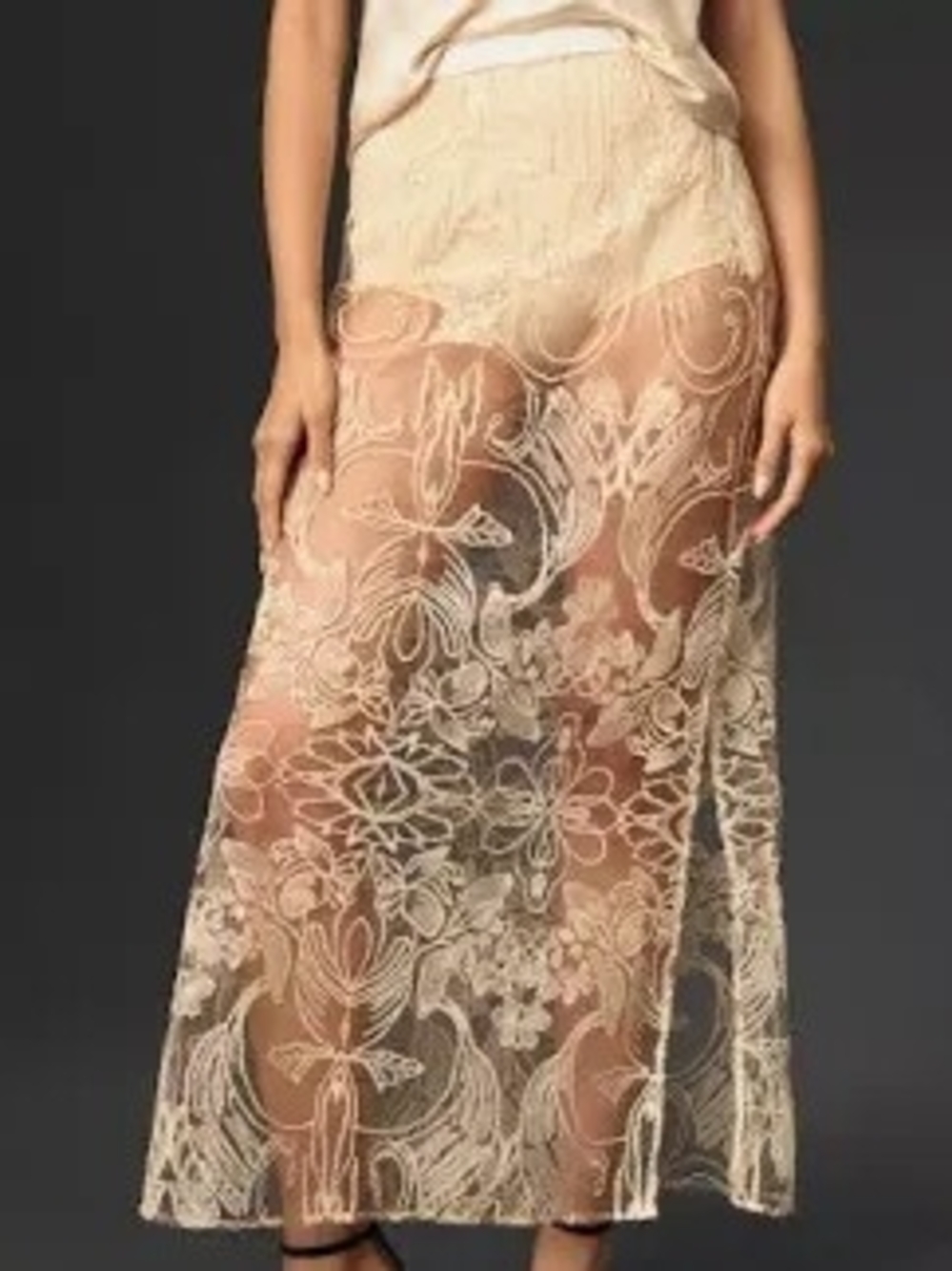 Anthropologie Embroidered Rose Lace Maxi Skirt W/ Panty NWT M